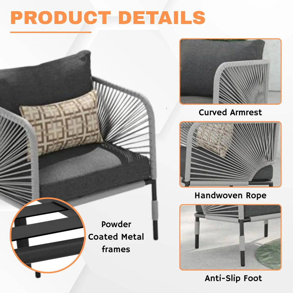 VIRASAT FURNITURE 3-Piece Outdoor Rope Patio Furniture Set with Cushions & Center Table – Beige