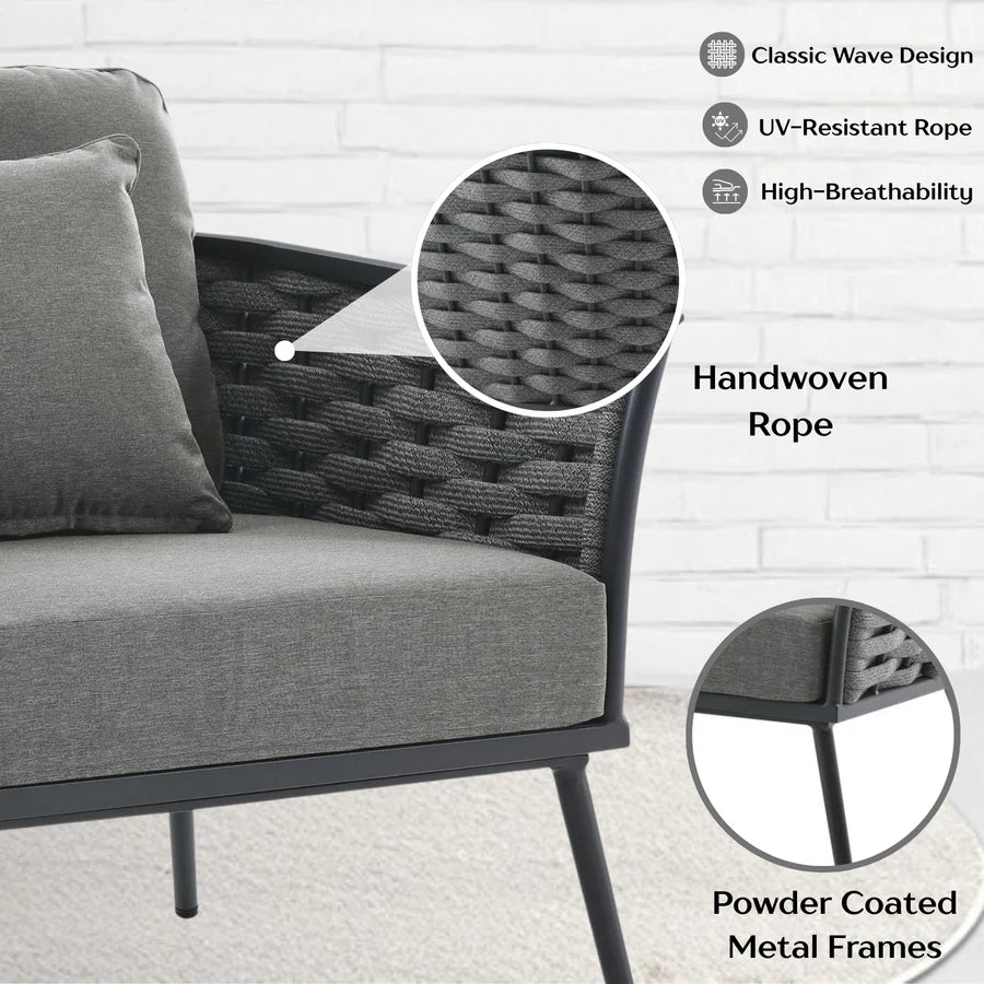 VIRASAT FURNITURE 4 PIECE OUTDOOR ROPE SOFA SET WITH WOODEN TOP TABLE (GREY)