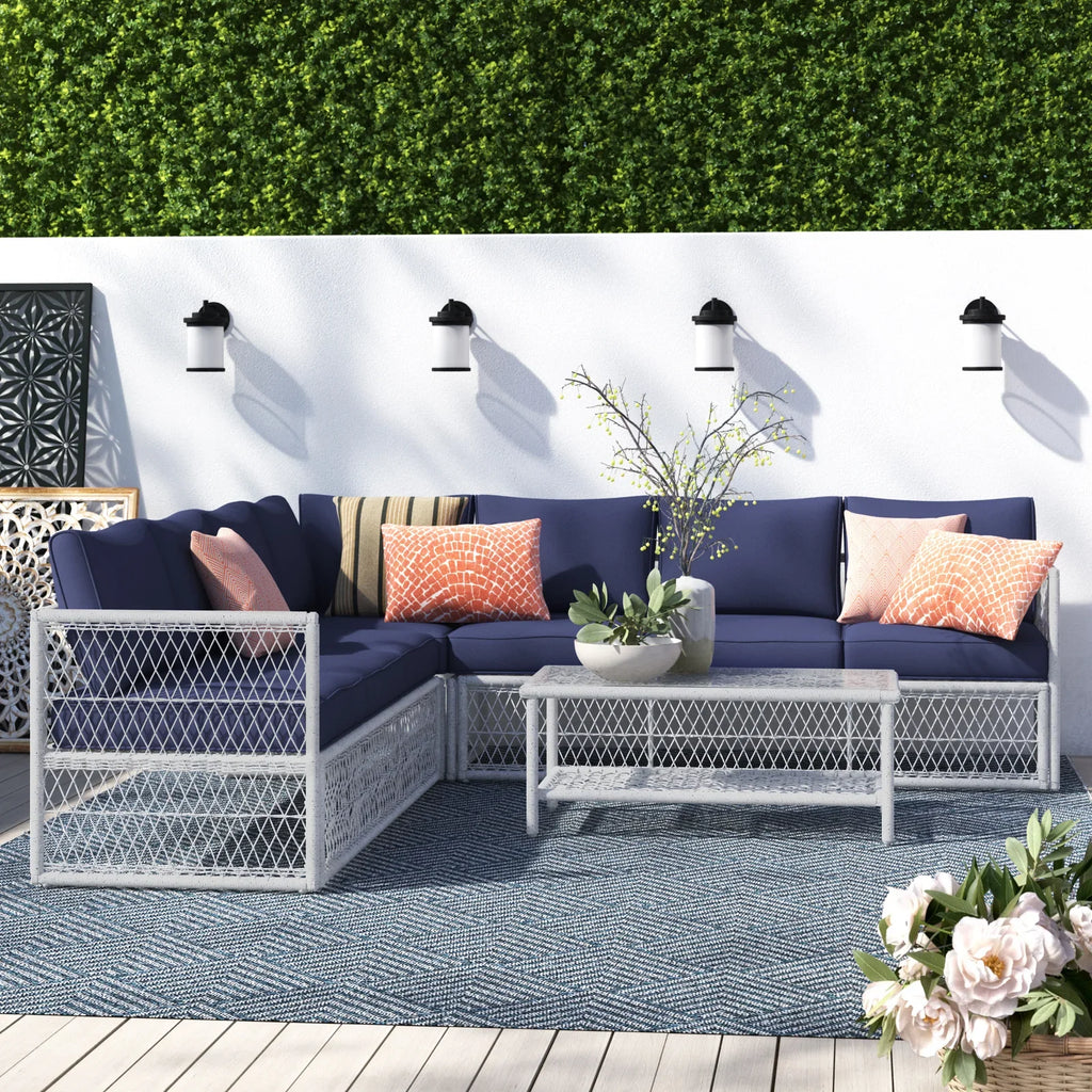 Virasat Outdoor Sofa Set 7 Seater and 1 Center Table Set (White + Blue)-VIRASAT FURNITURE & FURNISHING