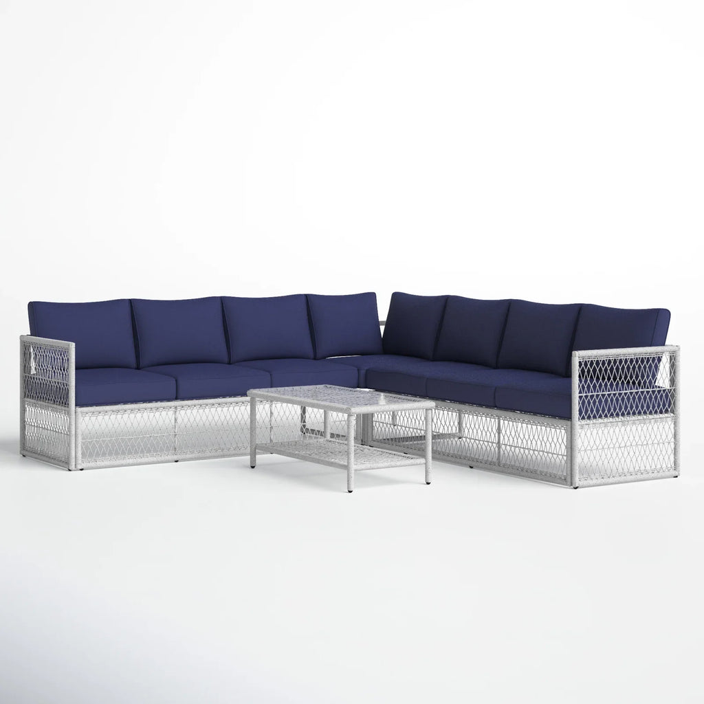 Virasat Outdoor Sofa Set 7 Seater and 1 Center Table Set (White + Blue)-VIRASAT FURNITURE & FURNISHING