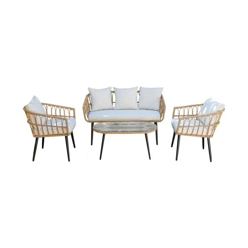 Virasat Outdoor Garden Balcony Sofa Set 2 Seater, 2 Single seater and 1 Table Set (White + Tan)-VIRASAT FURNITURE & FURNISHING