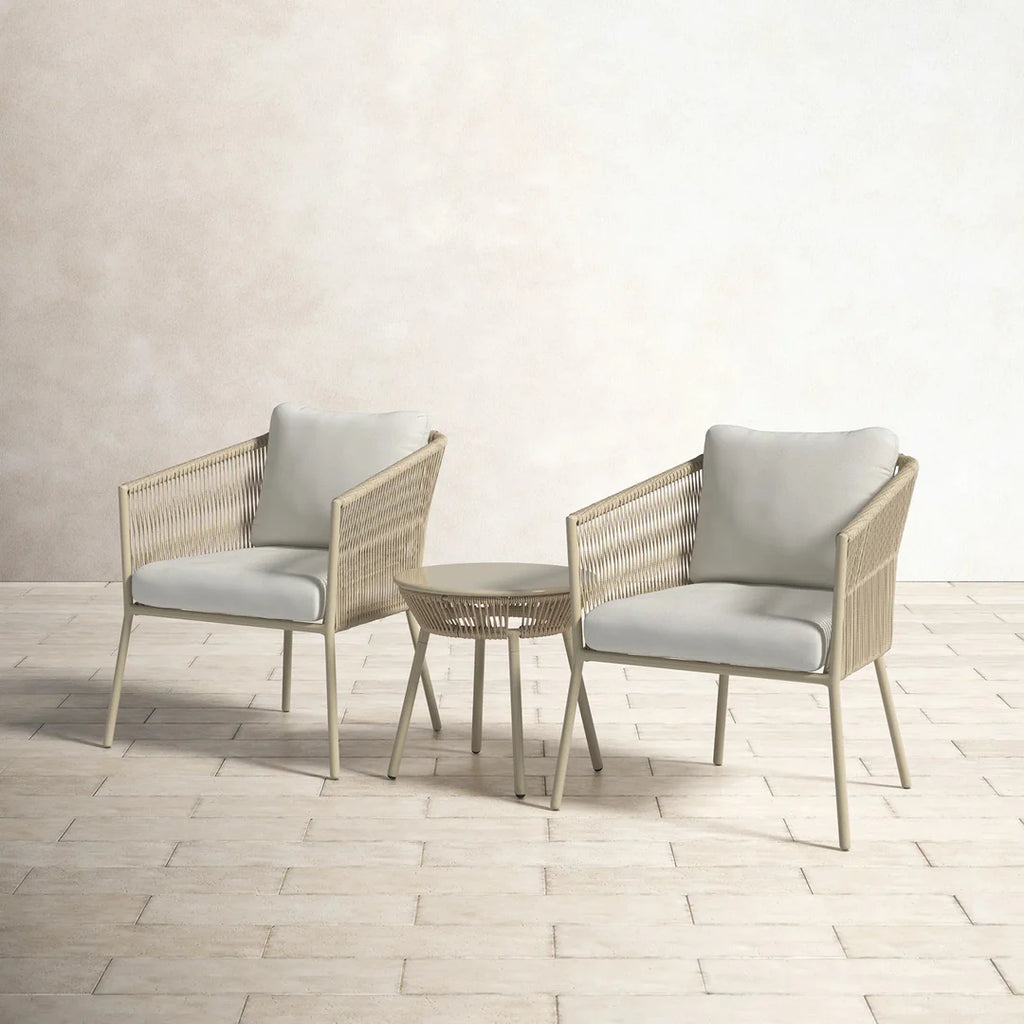 VIRASAT FURNITURE CHIMP OUTDOOR PATIO SEATING SET 2 CHAIRS AND 1 TABLE SET (CREAM) BRAIDED & ROPE