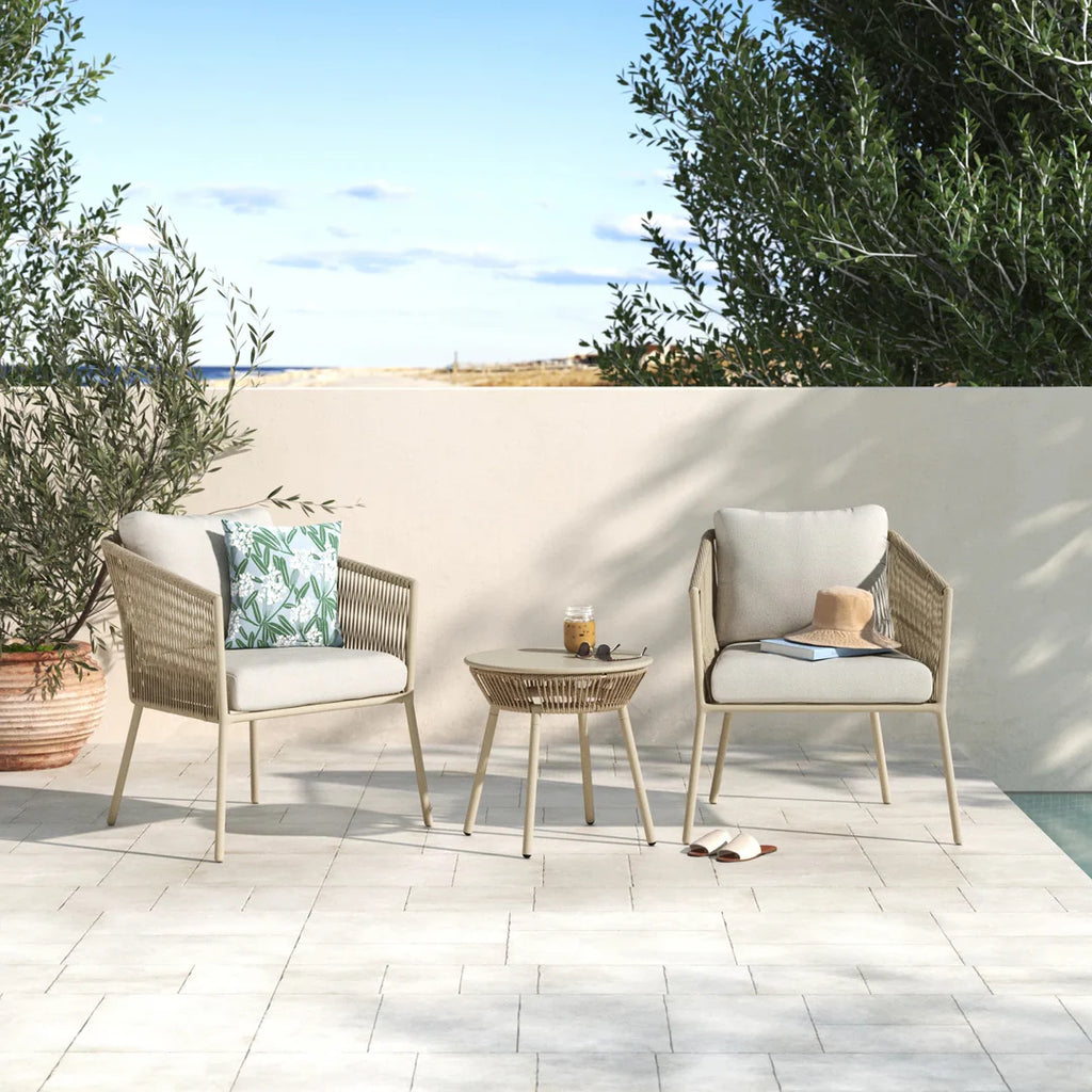 VIRASAT FURNITURE CHIMP OUTDOOR PATIO SEATING SET 2 CHAIRS AND 1 TABLE SET (CREAM) BRAIDED & ROPE