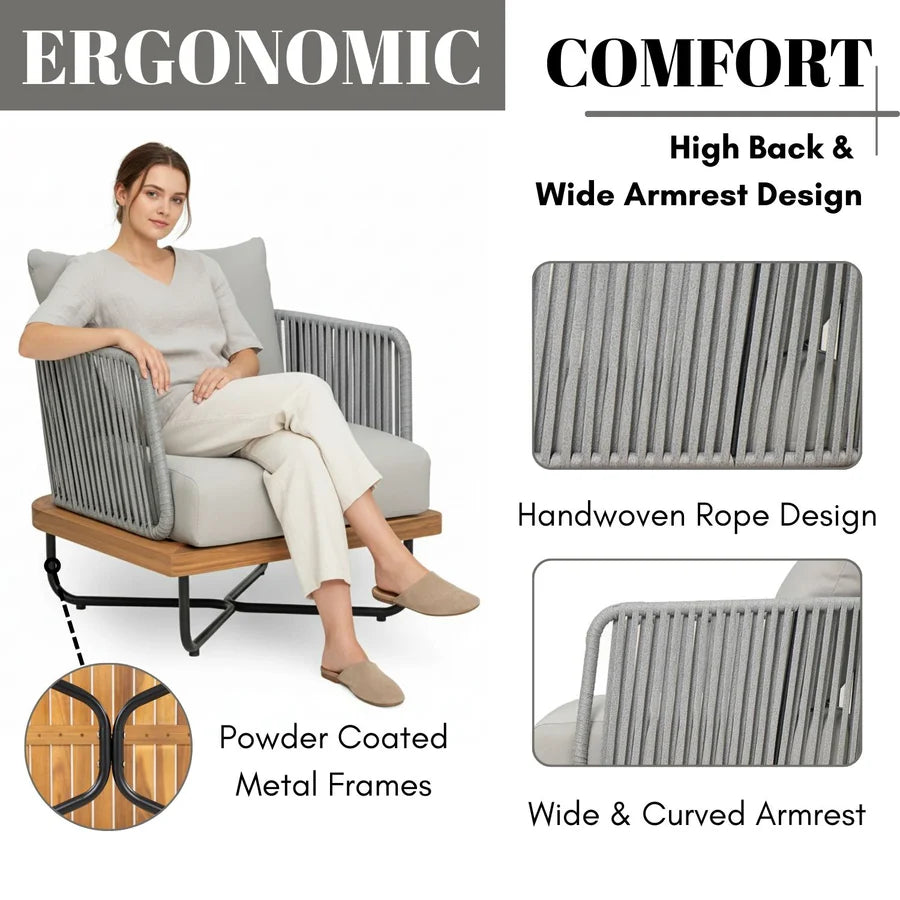 VIRASAT FURNITURE OUTDOOR 6-PIECE ROPE WOVEN CONVERSATION SOFA SET WITH WOODEN TOP TABLE (GREY)