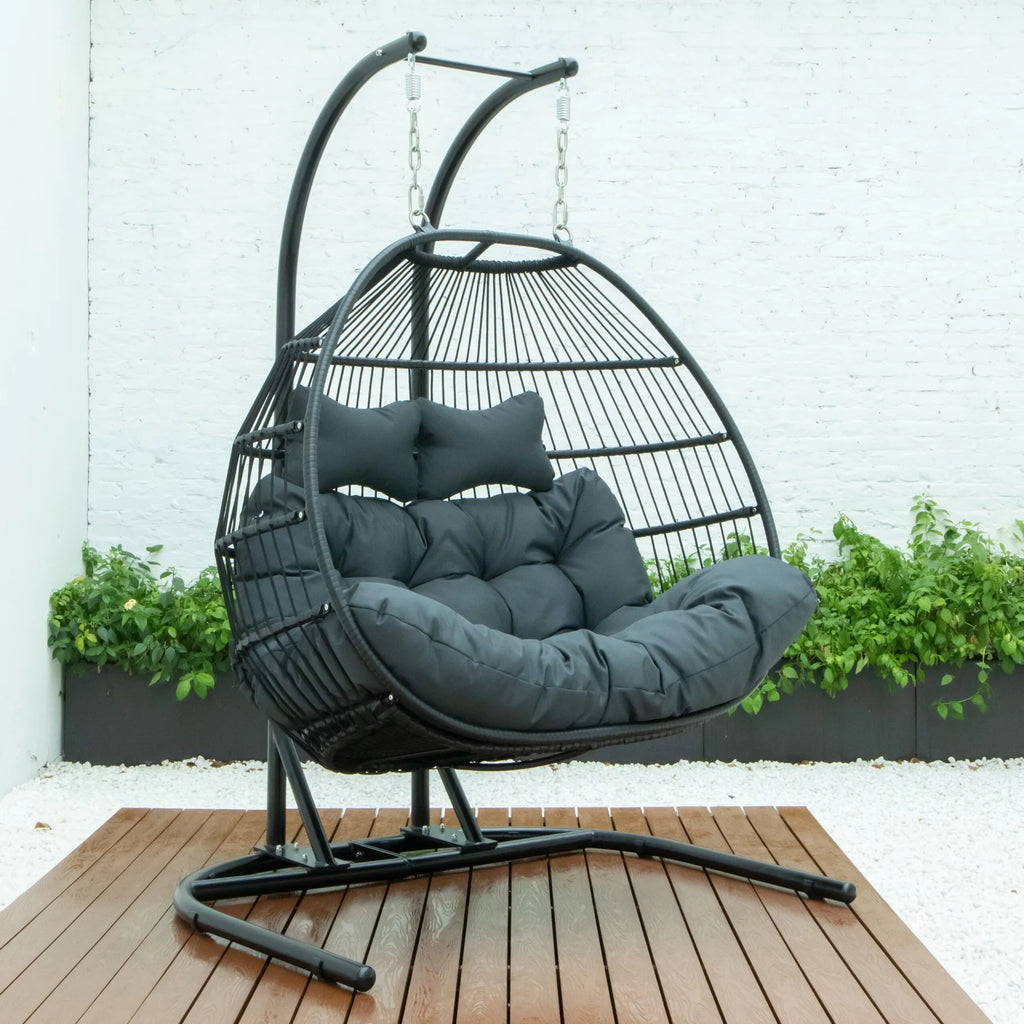 Virasat Double Seater Hanging Swing With Stand For Balcony, Garden Swing (Black) Braided and Rope-VIRASAT FURNITURE & FURNISHING