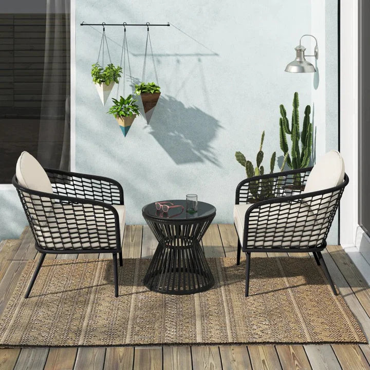 Virasat Outdoor Patio Seating Set 2 Chairs 1 Table Black White Braided Rope-VIRASAT FURNITURE & FURNISHING
