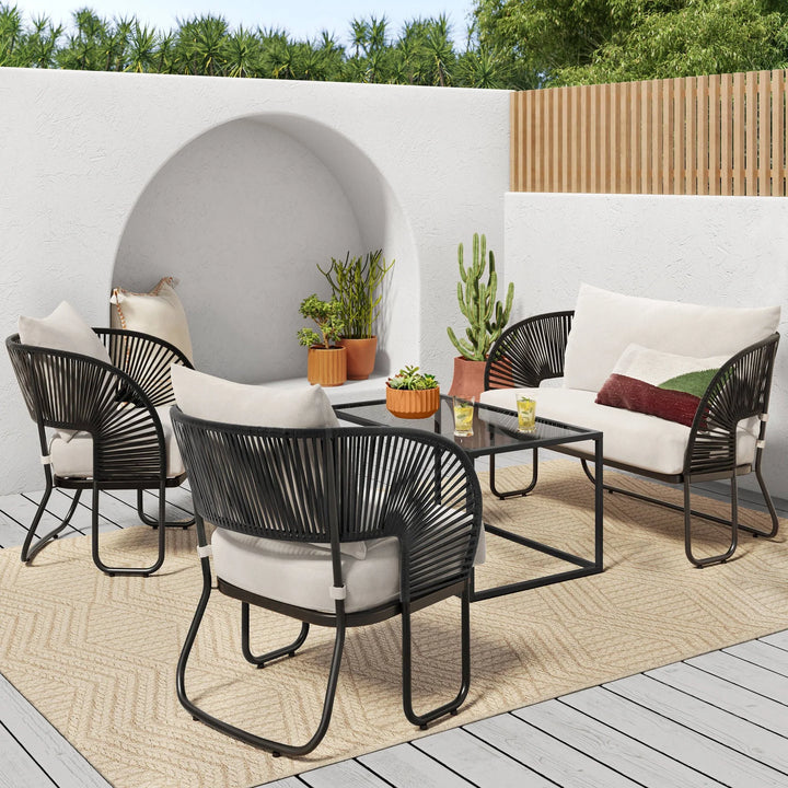 Virasat Lucas Outdoor Sofa Set 2 Seater , 2 Single seater and 1 Center Table Set (Black) Braided & Rope