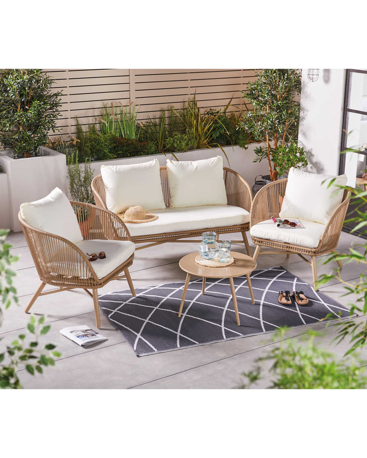 Virasat Palmer Outdoor Garden Balcony Sofa Set 2 Seater, 2 Single seater and 1 Center Table Set (White + Tan)