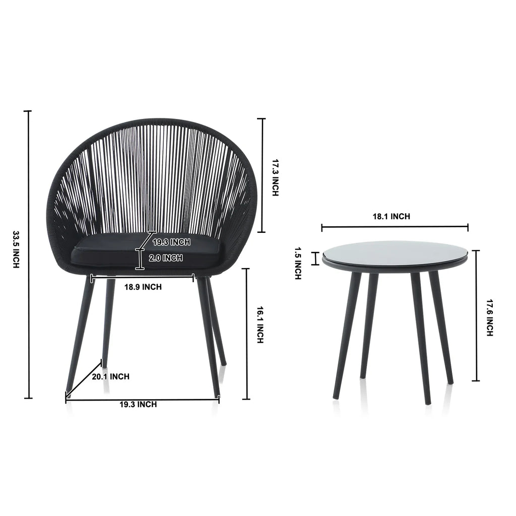 Virasat Outdoor Patio Seating Set 2 Chairs and 1 Table Set (Black) Braided & Rope-VIRASAT FURNITURE & FURNISHING