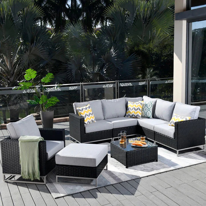 Virasat Outdoor Sofa Set 5 Seater , Single seater With Ottoman and 1 Center Table Set (Black)-VIRASAT FURNITURE & FURNISHING