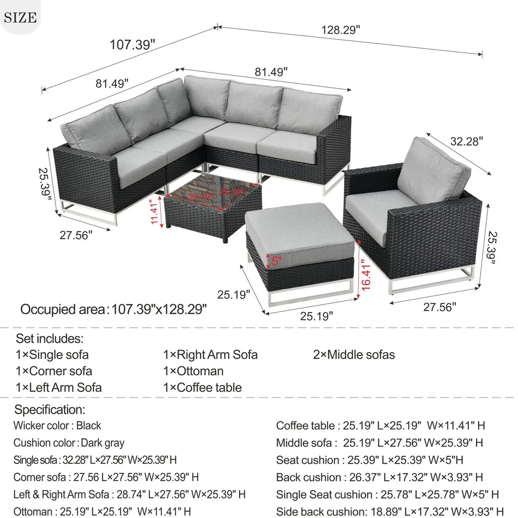 Virasat Outdoor Sofa Set 5 Seater , Single seater With Ottoman and 1 Center Table Set (Black)-VIRASAT FURNITURE & FURNISHING