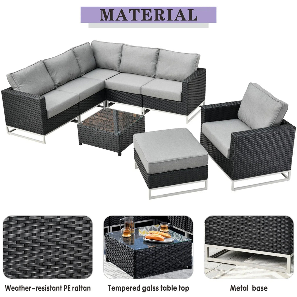 Virasat Outdoor Sofa Set 5 Seater , Single seater With Ottoman and 1 Center Table Set (Black)-VIRASAT FURNITURE & FURNISHING