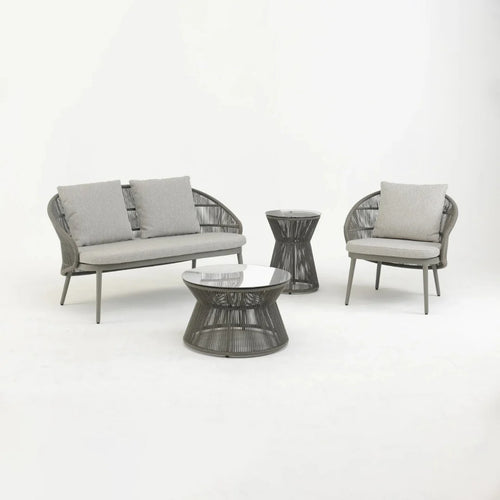VIRASAT FURNITURE OUTDOOR SOFA SET – 2 SEATER, 1 SINGLE SEATER, 1 SIDE TABLE & 1 CENTER TABLE (GREY, BRAIDED ROPE)