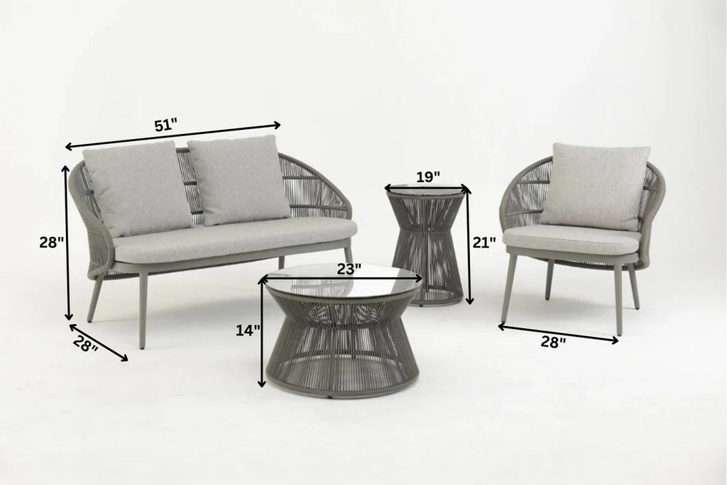 VIRASAT FURNITURE OUTDOOR SOFA SET – 2 SEATER, 1 SINGLE SEATER, 1 SIDE TABLE & 1 CENTER TABLE (GREY, BRAIDED ROPE)