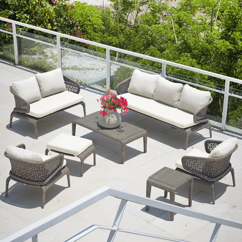 Virasat Outdoor Garden Balcony Sofa Set 3 Seater, 2 Seater, 2 Single Seater and 1 Center Table With 1 Side Table and 1 Ottoman Set (Grey)-VIRASAT FURNITURE & FURNISHING