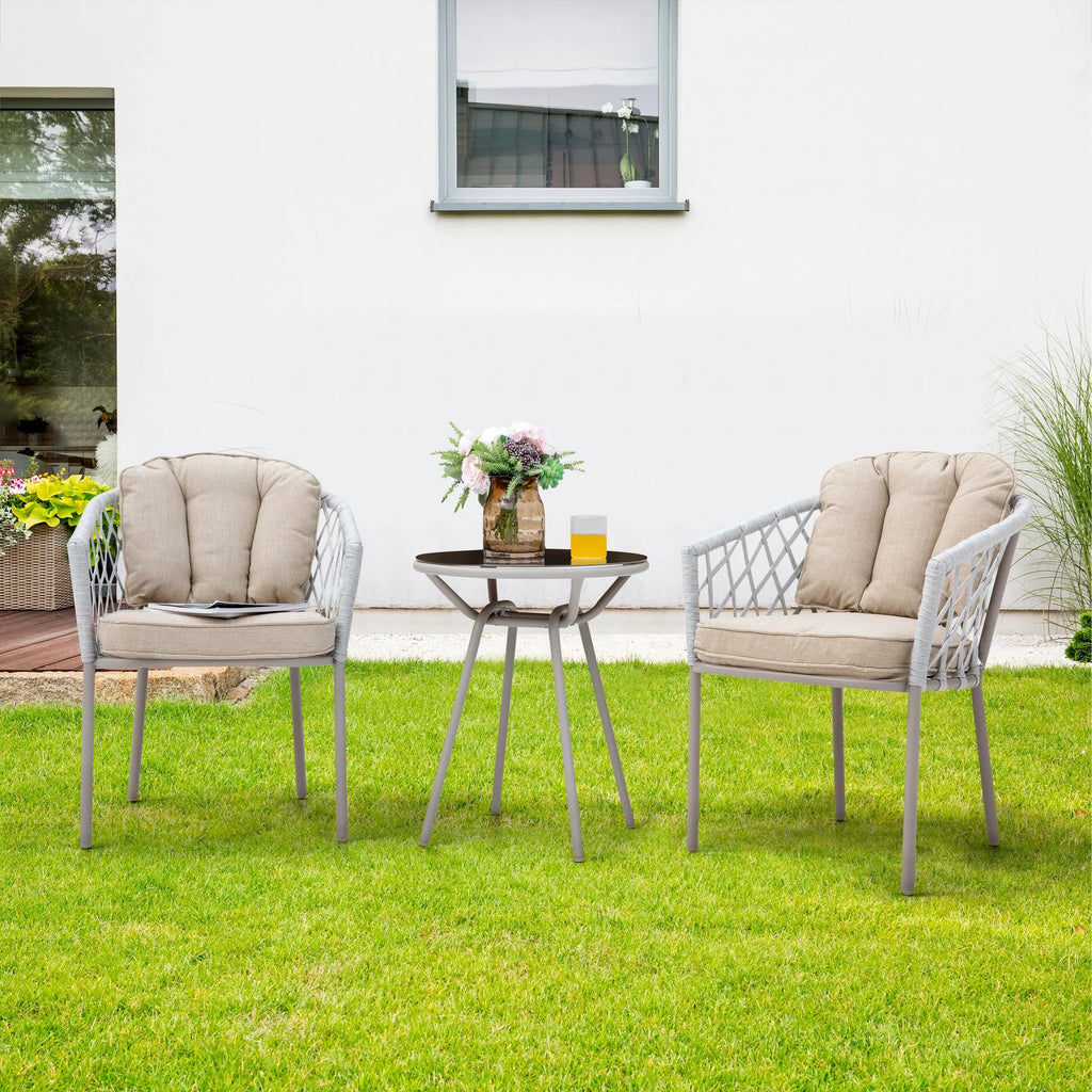 Virasat Outdoor Patio Seating Set 2 Chairs and 1 Table Set (Silver + Beige) Braided & Rope-VIRASAT FURNITURE & FURNISHING