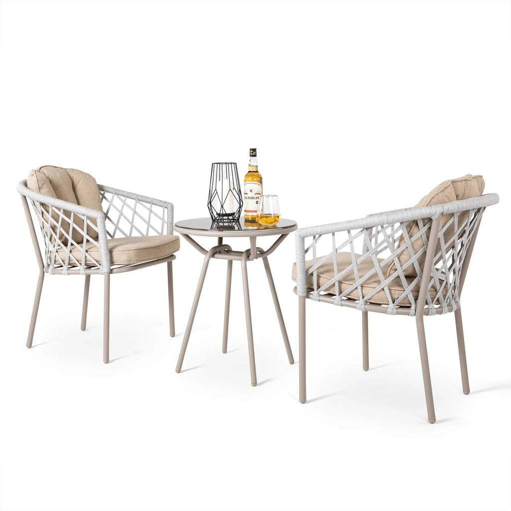 Virasat Outdoor Patio Seating Set 2 Chairs and 1 Table Set (Silver + Beige) Braided & Rope-VIRASAT FURNITURE & FURNISHING