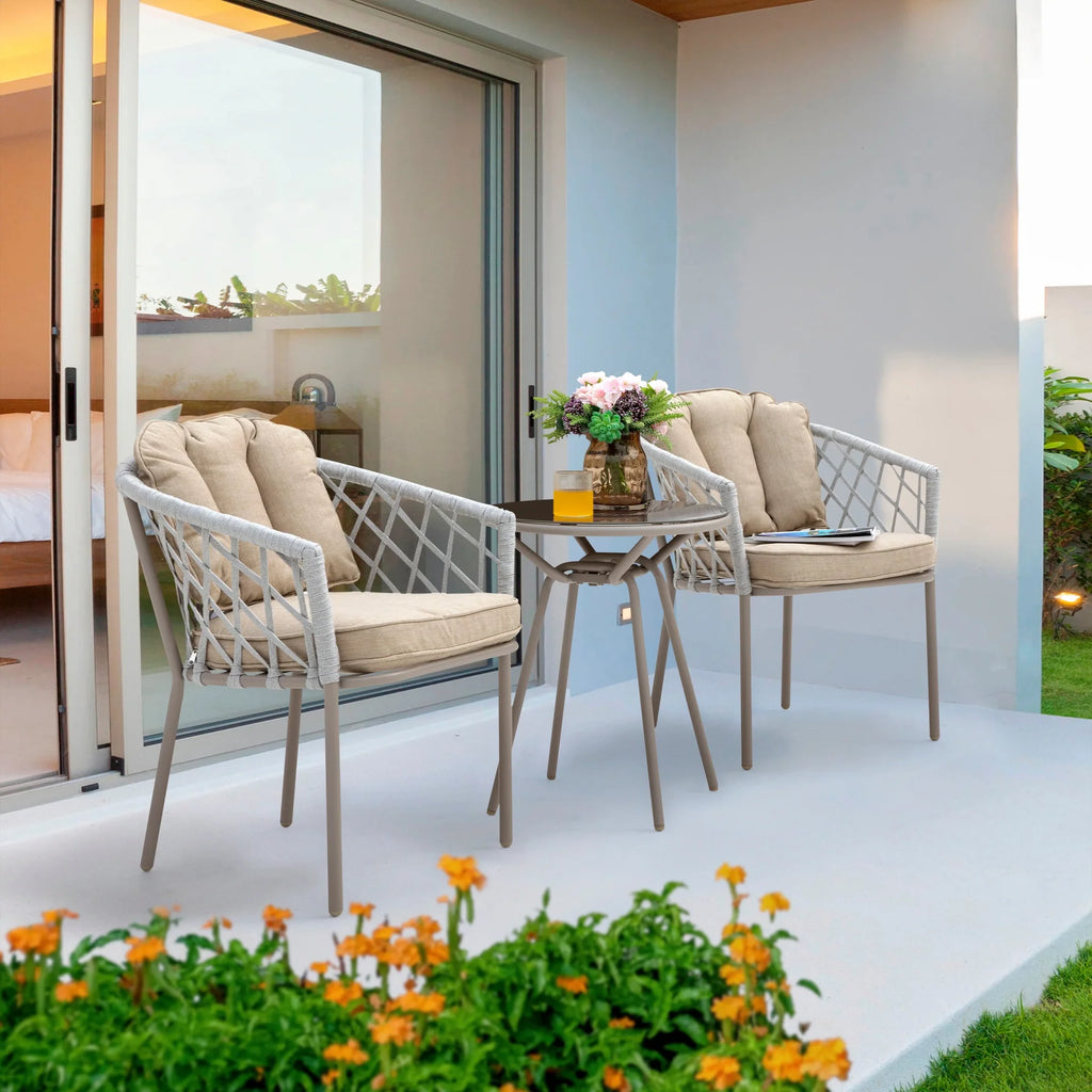 Virasat Outdoor Patio Seating Set 2 Chairs and 1 Table Set (Silver + Beige) Braided & Rope-VIRASAT FURNITURE & FURNISHING