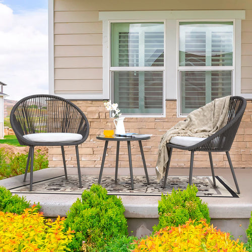 VIRASAT FURNITURE VOLTA OUTDOOR PATIO SEATING SET 2 CHAIRS AND 1 TABLE SET (BLACK) BRAIDED & ROPE