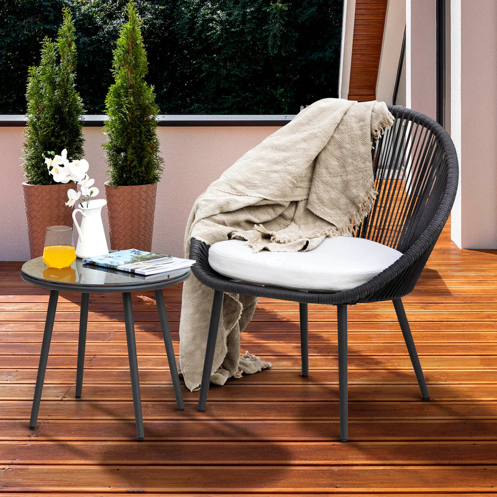 VIRASAT FURNITURE VOLTA OUTDOOR PATIO SEATING SET 2 CHAIRS AND 1 TABLE SET (BLACK) BRAIDED & ROPE