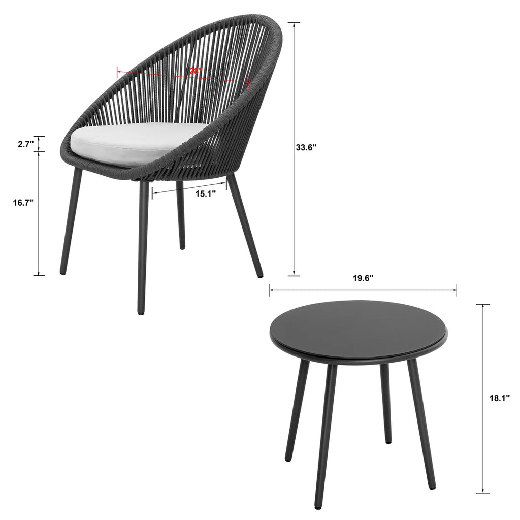VIRASAT FURNITURE VOLTA OUTDOOR PATIO SEATING SET 2 CHAIRS AND 1 TABLE SET (BLACK) BRAIDED & ROPE