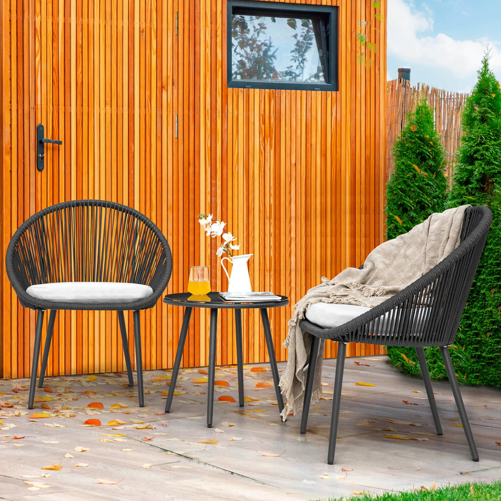 VIRASAT FURNITURE VOLTA OUTDOOR PATIO SEATING SET 2 CHAIRS AND 1 TABLE SET (BLACK) BRAIDED & ROPE