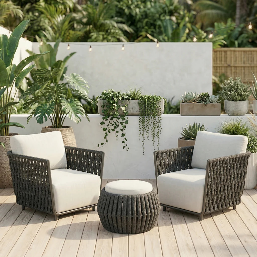 VIRASAT FURNITURE Outdoor Rope 3-Piece Patio Sofa Set (Grey & Off-White)
