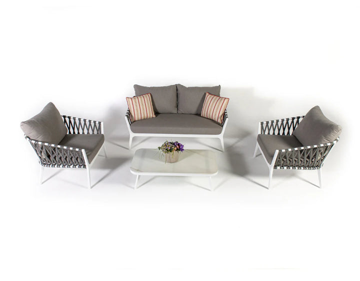 Virasat Mazzanti Outdoor Sofa Set 2 Seater , 2 Single seater and 1 Center Table (White + Brown) Braided & Rope