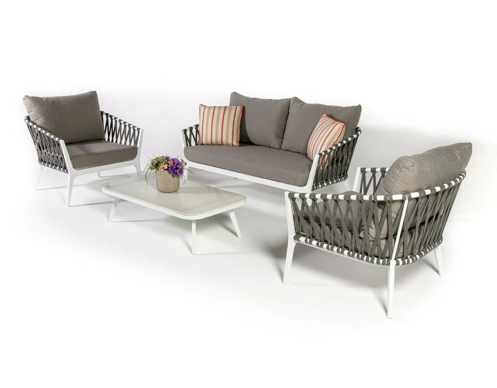 Virasat Mazzanti Outdoor Sofa Set 2 Seater , 2 Single seater and 1 Center Table (White + Brown) Braided & Rope