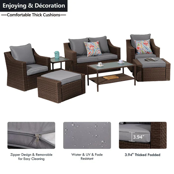 Virasat Outdoor Garden Balcony Sofa Set 2 Seater, 2 Single Seater With 2 Ottoman and 1 Center Table, 1 Side Table Set (Dark Brown)-VIRASAT FURNITURE & FURNISHING