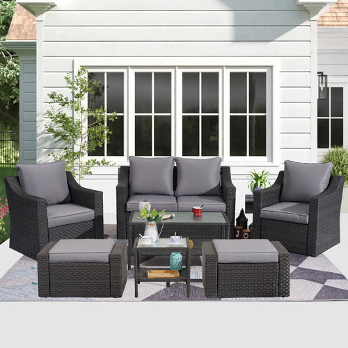 Virasat Outdoor Garden Balcony Sofa Set 2 Seater, 2 Single Seater With 2 Ottoman, 1 Center Table, 1 Side Table Set (Black)-VIRASAT FURNITURE & FURNISHING