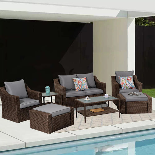 Virasat Outdoor Garden Balcony Sofa Set 2 Seater, 2 Single Seater With 2 Ottoman and 1 Center Table, 1 Side Table Set (Dark Brown)-VIRASAT FURNITURE & FURNISHING