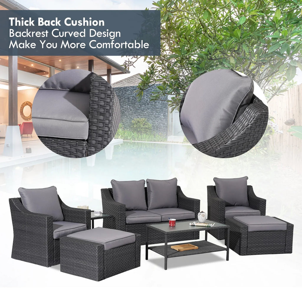 Virasat Outdoor Garden Balcony Sofa Set 2 Seater, 2 Single Seater With 2 Ottoman, 1 Center Table, 1 Side Table Set (Black)-VIRASAT FURNITURE & FURNISHING