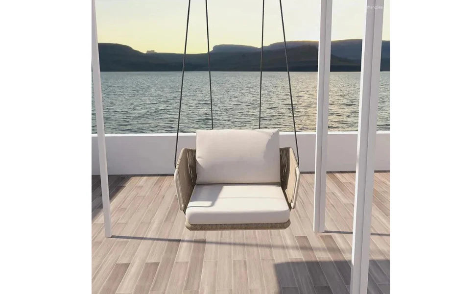 VIRASAT FURNITURE BENOIT SINGLE SEATER HANGING SWING WITHOUT STAND FOR BALCONY & GARDEN SWING (BEIGE) BRAIDED & ROPE