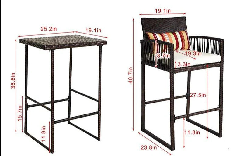 Virasat Outdoor Patio Bar Sets 2 Chairs 1 Table Brown-VIRASAT FURNITURE & FURNISHING