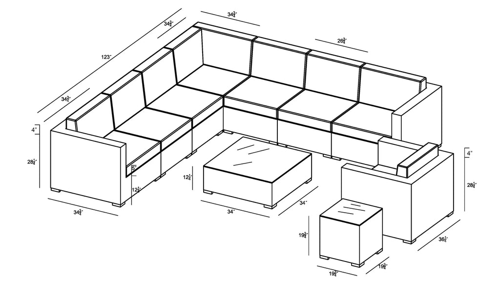 Virasat Outdoor Sofa Set 7 Seater, Single Seater, and 1 Center Table With 1 Side Table Set (Black)-VIRASAT FURNITURE & FURNISHING