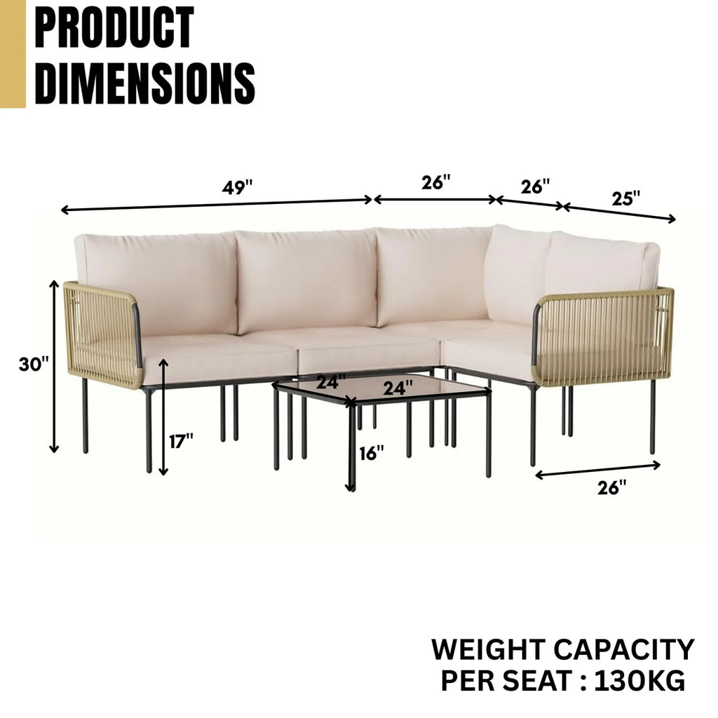 VIRASAT FURNITURE 5 SEATER L-SHAPE OUTDOOR ROPE SOFA SET (BEIGE & CREAM)