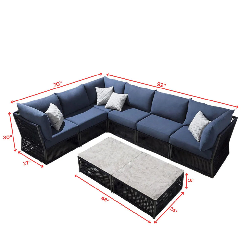 Virasat Outdoor Sofa Set 6 Seater and 1 Center Table Set (Blue) Braided & Rope-VIRASAT FURNITURE & FURNISHING