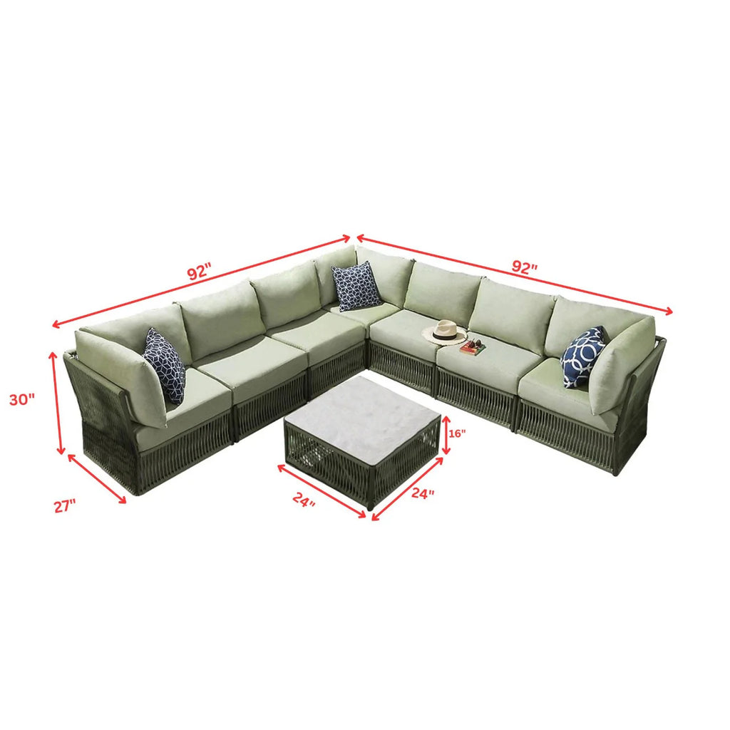 Virasat Outdoor Sofa Set 7 Seater, 1 Center Table Set (Green) Braided &amp; Rope-VIRASAT FURNITURE & FURNISHING