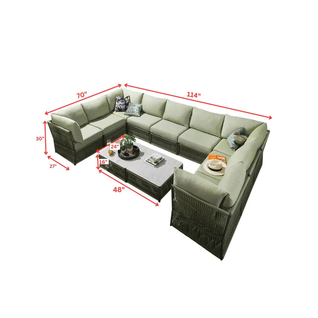 VIRASAT FURNITURE DIETER OUTDOOR ROPE SOFA SET 9-SEATER WITH 2 CENTER TABLES (GREEN)