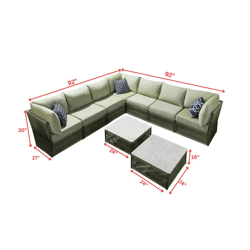Virasat Outdoor Sofa Set 7 Seater and 2 Center Table Set (Green) Braided & Rope-VIRASAT FURNITURE & FURNISHING