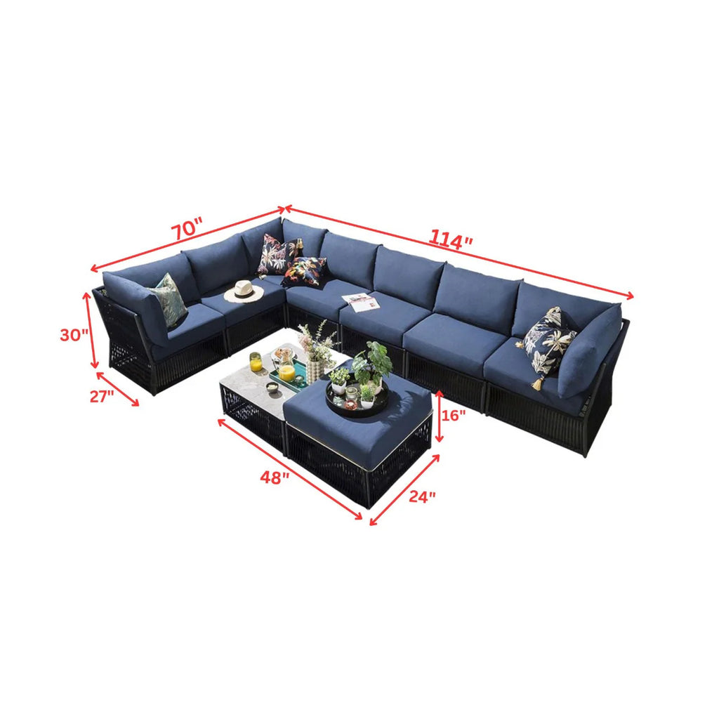 Virasat Outdoor Sofa Set 7 Seater, 1 Ottoman and 1 Center Table Set (Blue) Braided & Rope-VIRASAT FURNITURE & FURNISHING