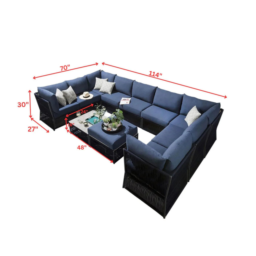 Virasat Outdoor Sofa Set 9 Seater, 1 Ottoman and 1 Center Table Set (Blue) Braided & Rope-VIRASAT FURNITURE & FURNISHING