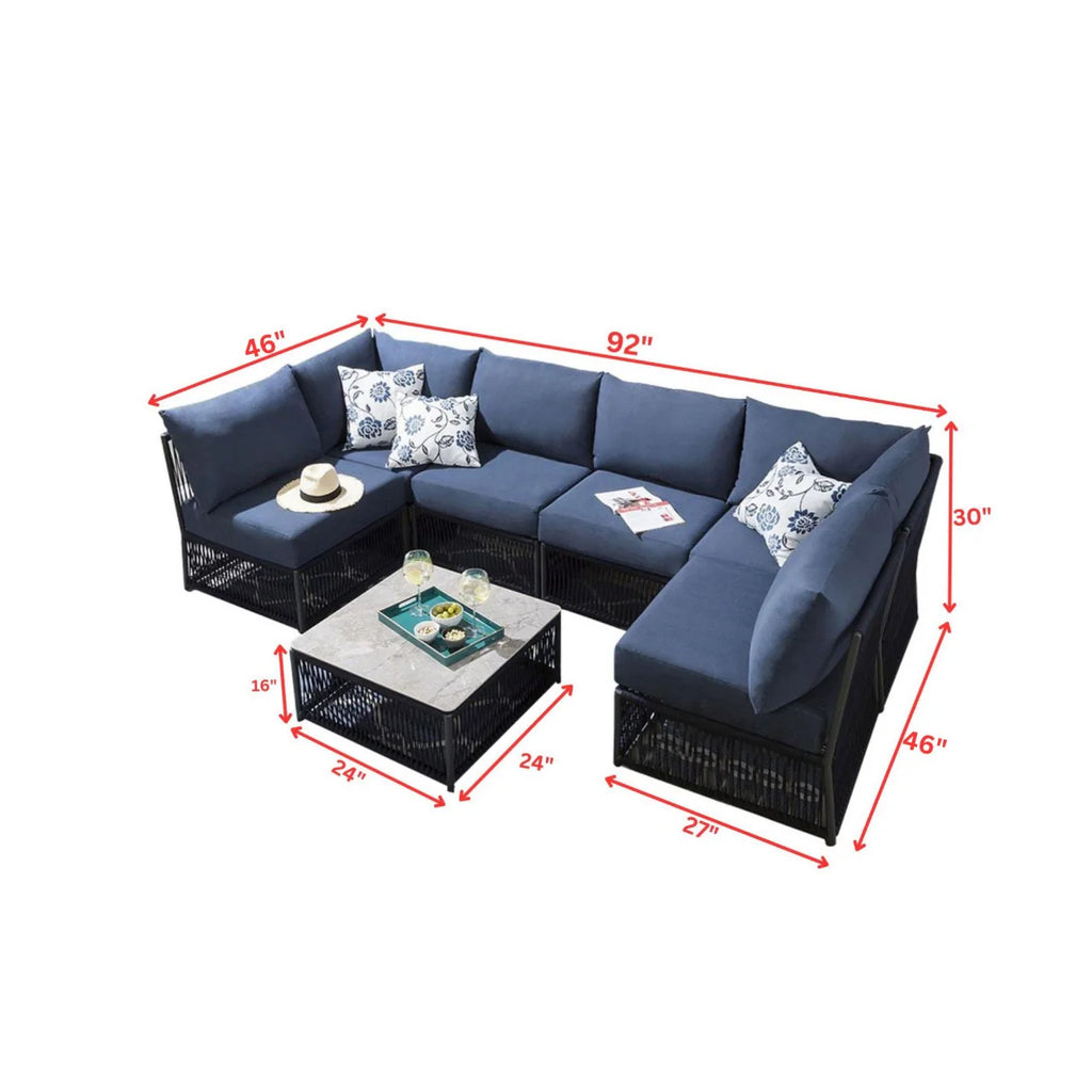 Virasat Outdoor Sofa Set 6 Seater and 1 Center Table Set (Blue) Braided & Rope-VIRASAT FURNITURE & FURNISHING