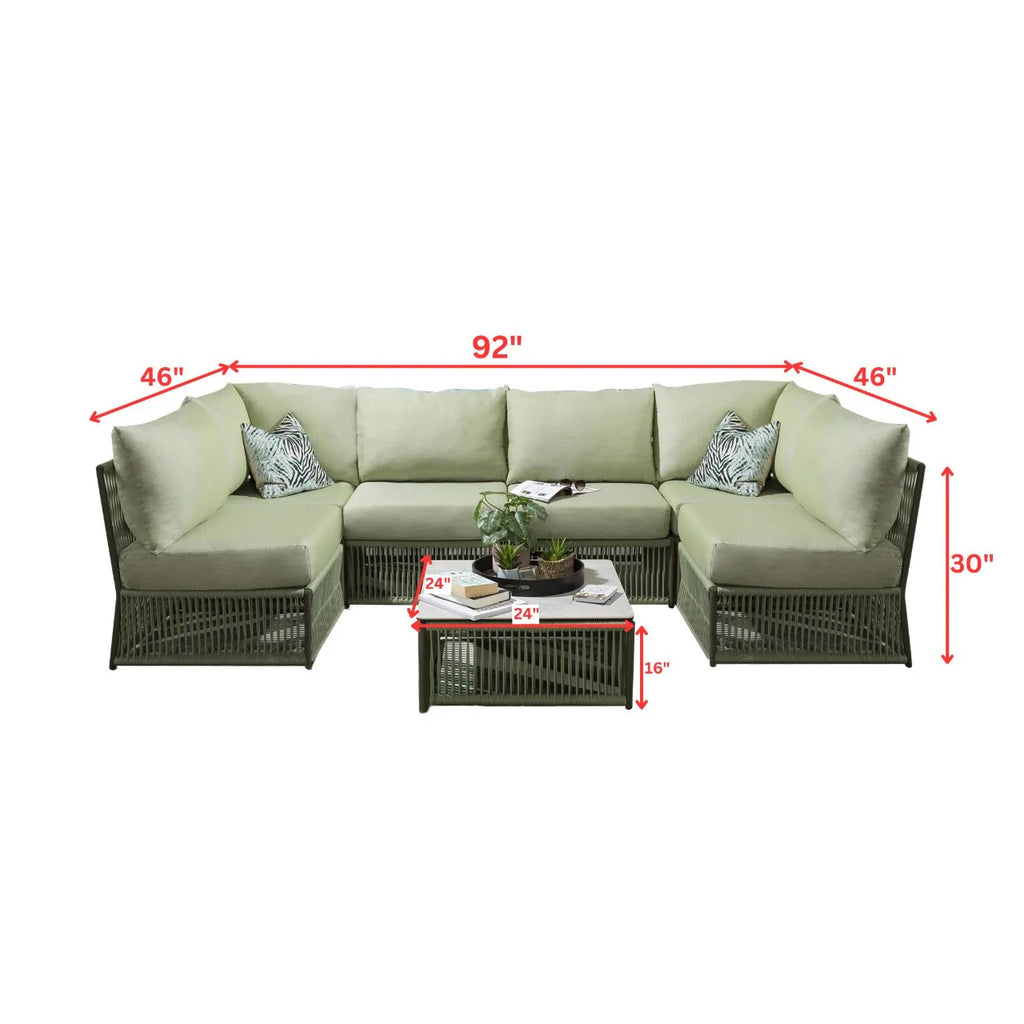 Virasat Outdoor Sofa Set 6 Seater and 1 Center Table Set (Green) Braided &amp; Rope-VIRASAT FURNITURE & FURNISHING