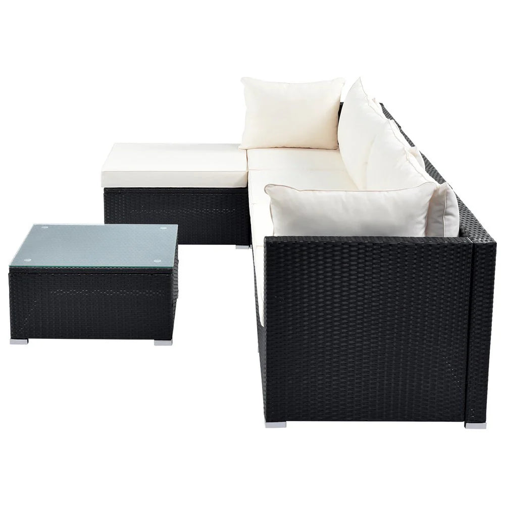 Virasat Ollie Outdoor Patio Sofa Set 4 Seater and 1 Table With 1 Ottoman Set (Black + Cream)