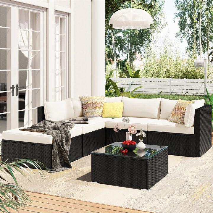 Virasat Ollie Outdoor Patio Sofa Set 4 Seater and 1 Table With 1 Ottoman Set (Black + Cream)