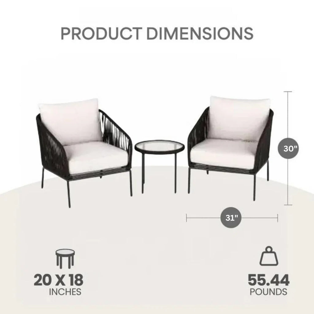 Virasat Outdoor Patio Seating Set 2 Chairs and 1 Table Set (Black) Braided And Rope-VIRASAT FURNITURE & FURNISHING