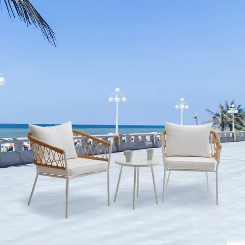 VIRASAT FURNITURE EUSBIO OUTDOOR PATIO SEATING SET 2 CHAIRS AND 1 TABLE SET BRAIDED & ROPE (HONEY/WHITE)