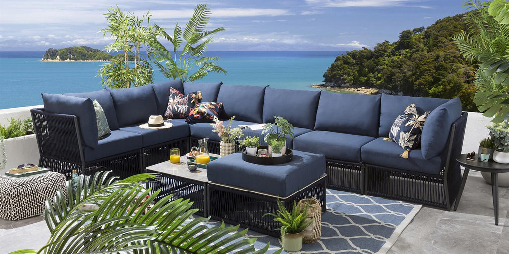 Virasat Outdoor Sofa Set 7 Seater, 1 Ottoman and 1 Center Table Set (Blue) Braided & Rope-VIRASAT FURNITURE & FURNISHING